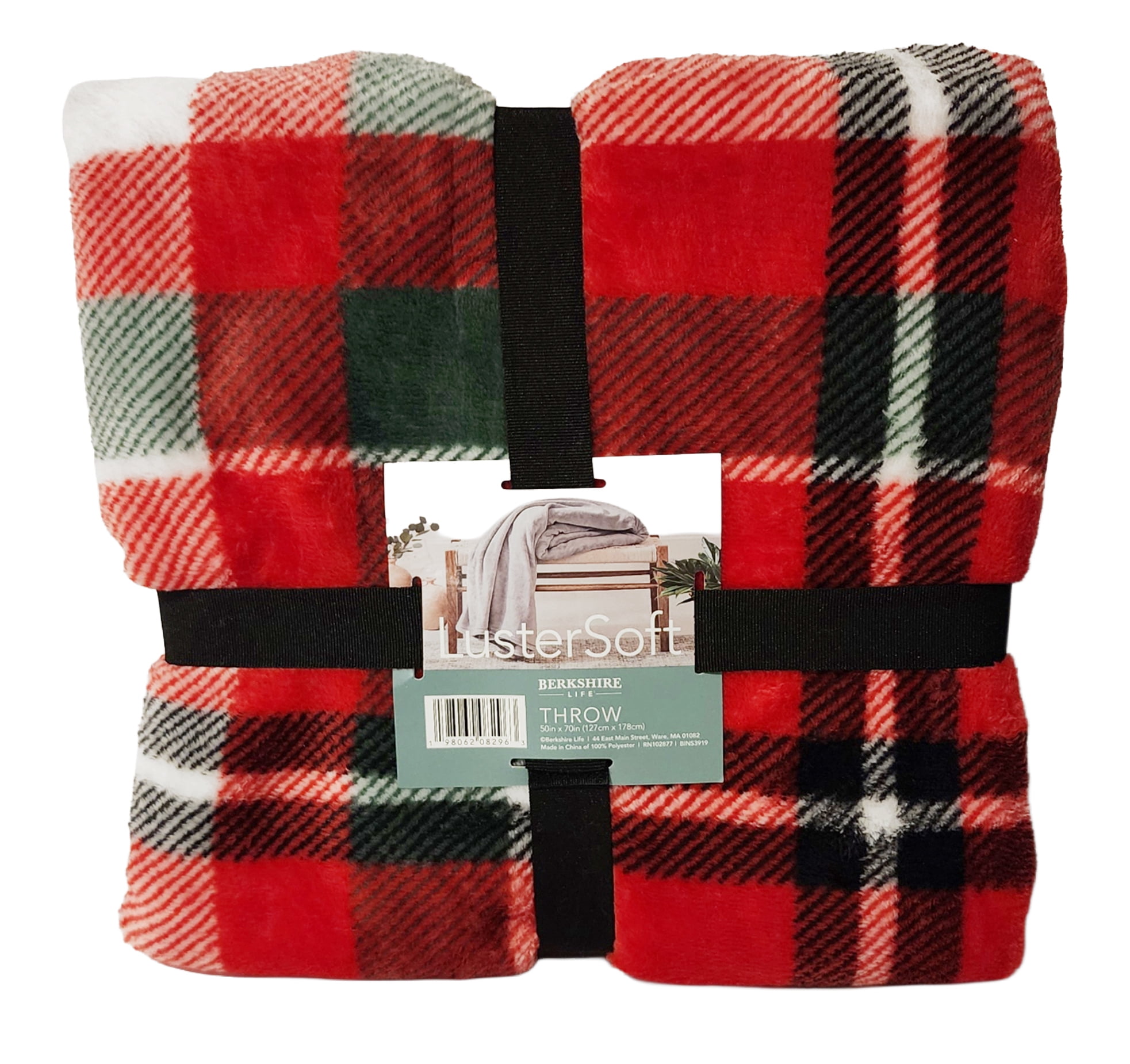 Berkshire LusterSoft Plush Throw Blanket Red Green White Plaid 50 x 70 ...