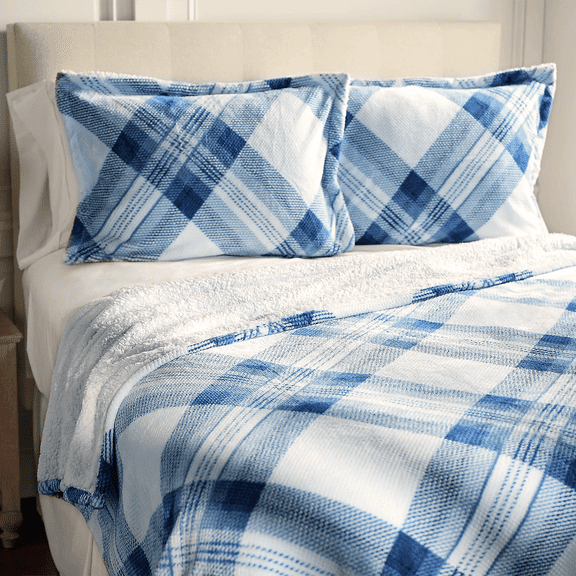 Berkshire Printed Plaid Bonded Dobby Coverlet (Classic Navy, Queen)