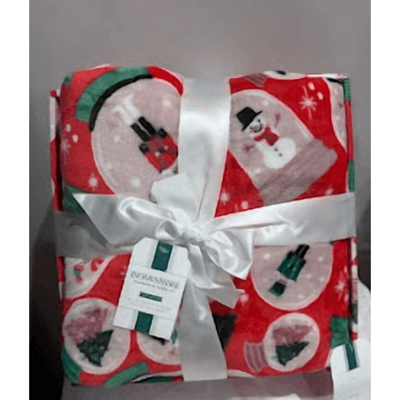 Berkshire VelvetLoft Holiday Throw Blanket, 60 x 80 inches, Snowman and Christmas Tree Pattern, Red and Green