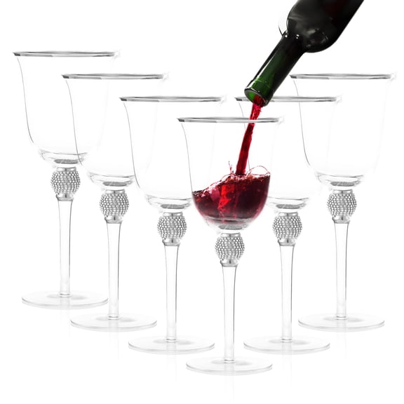 Berkware Classy Rhinestone Embellished Long Stem Rose Wine Glasses with Silver Rim Design - 18oz (Set of 6)