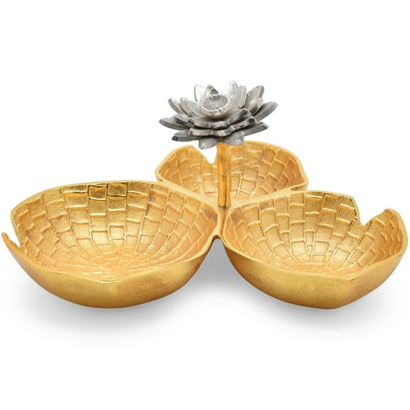Berkware Lily Inspired Gold Decorative Bowl with Silver Lotus Flower - Three Sectional Elegant Serving Bowl, Candy Dish and Centerpiece Bowl