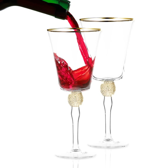 Berkware Luxurious Sparkling Studded Wine Goblet with Gold Rim Design - 14.7oz (Set of 2)