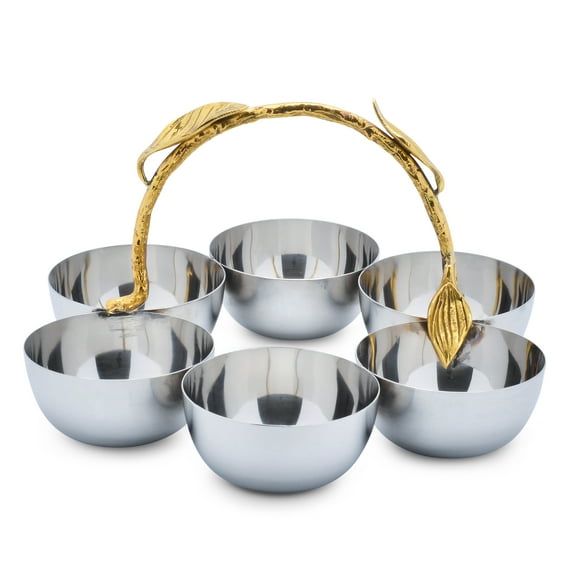Berkware Shiny Polished Stainless Steel Six Bowl Sectional Serving Bowl with Gold Leaf Handle - Nut Platter, Fruit Bowl, Candy Dish and Centerpiece Bowl (6 Sections)