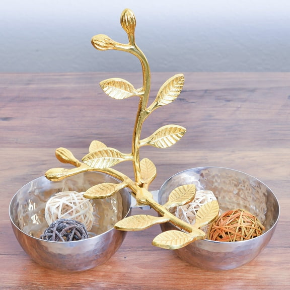 Berkware Shiny Polished Stainless Steel Two Bowl Sectional Serving Bowl with Gold Leaf Handle - 4" Diameter Nut Platter, Fruit Bowl, Candy Dish and Centerpiece Bowl (2 Sections)