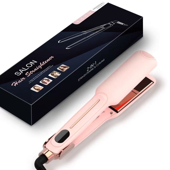 Berlaney 2-in-1 Hair Straightener and Curler, 1.65-Inch Wide Flat Iron with 12 Heat Settings, LCD Display and Dual Voltage, Pink