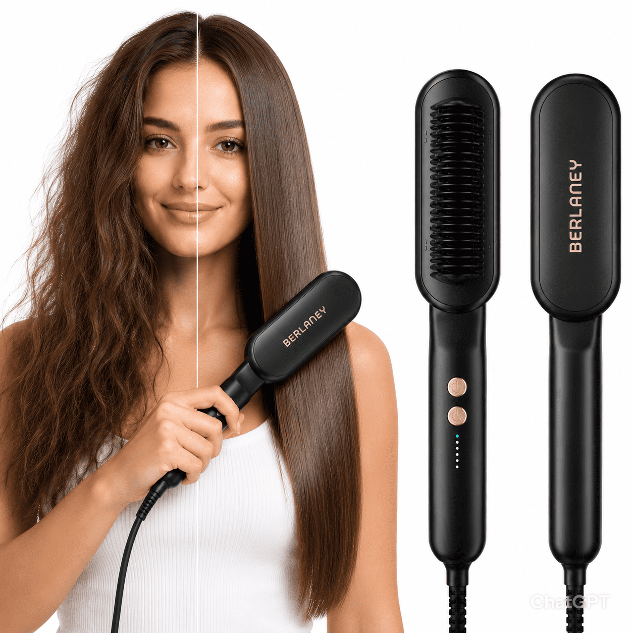 Berlaney Ionic Hair Straightener Brush - 5 Temp Adjust, Heat Protect Ceramic, Fast Heating Dual Voltage for Women Home Salon, Black