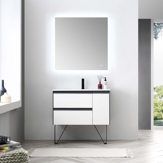 Berlin 36" Freestanding Bathroom Vanity with Sink & Mirror- Glossy White & Glossy Grey