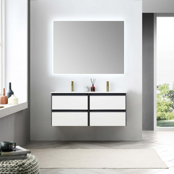 Berlin 48" Freestanding Bathroom Vanity with Sink & Mirror- Glossy White & Glossy Grey
