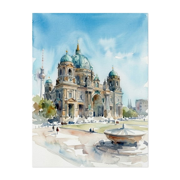 Berlin Cathedral Lustgarten Fountain View Watercolor - Berlin Germany Painting Watercolor Architecture Cathedral Cityscape Travel Poster Fountain Scenic Unframed Wall Art Print 5 x 7 inches