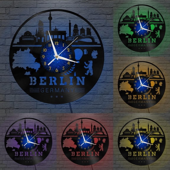 Berlin Cityscape 4 12 Inch Vinyl Record Wall Clock - Silent, Creative, and Unique Clock for Living Room, Entryway, or Bedroom Decor - Perfect Gift Idea(12 inchs B with LED)