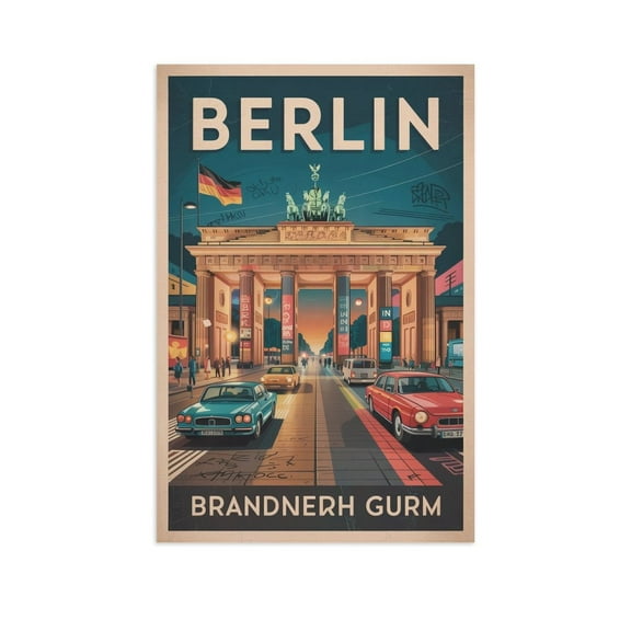 Berlin Retro Travel Poster Vintage German City Tourism with Brandenburg Gate & Street Art Print Poster