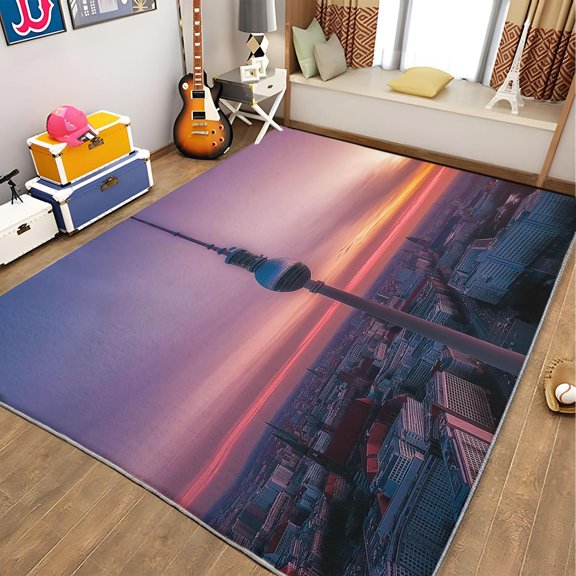 Berlin TV Tower Area Rugs, Sunset Cityscape Carpet, Washable Non Slip Low Pile Soft Rug for Living Room Bedroom Bedside Office Dining Room Decor Mat 3x5ft