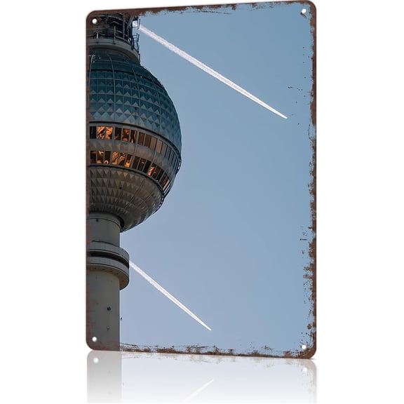 Berlin Tv Tower Parallels Vintage City Landscape Metal Tin Sign, Retro Travel Tin Signs Posters For Man Cave Bar Garage Car Room Streets Wall Decor 8 X 12 Inch