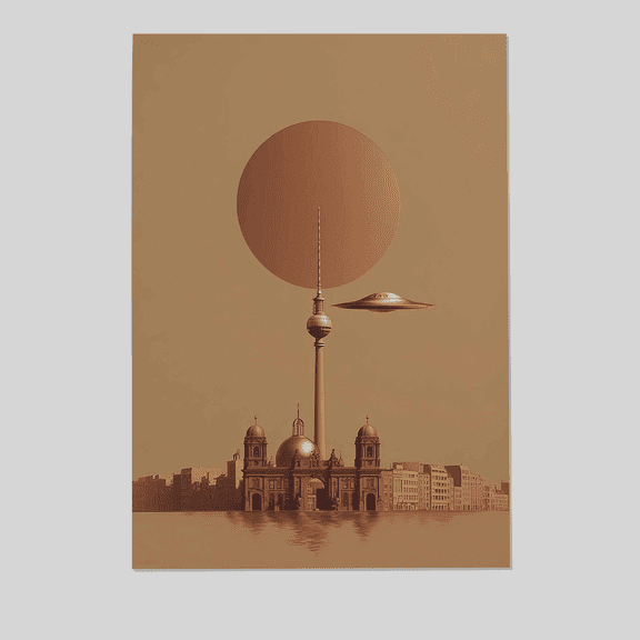 Berlin UFO Poster Print, Futuristic Surreal City Wall Art, Sci Fi Architecture Artwork, Modern Minimalist Poster, UFO Decor Print Full Size 24''x36'' The Future Box