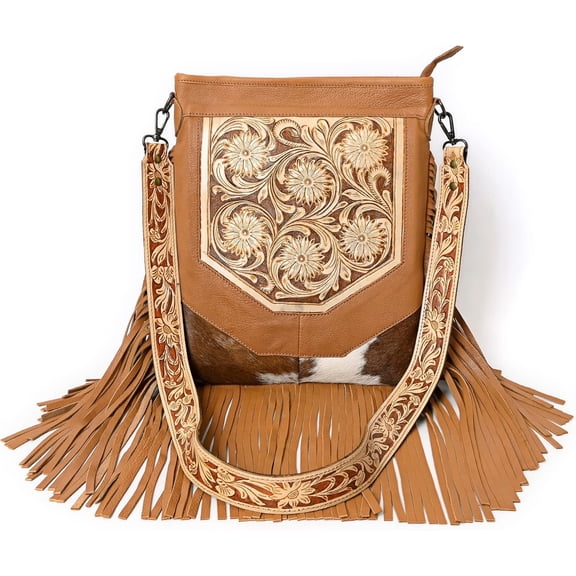 Berlin hand-carved Fringed Bag Cowhide Hand Bag with Floral Hand Tooling
