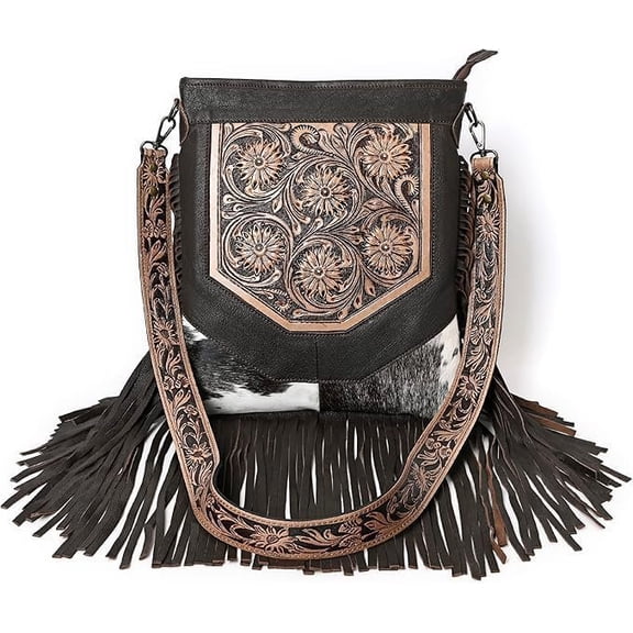 Berlin hand-carved Fringed Bag Cowhide Hand Bag with Floral Hand Tooling