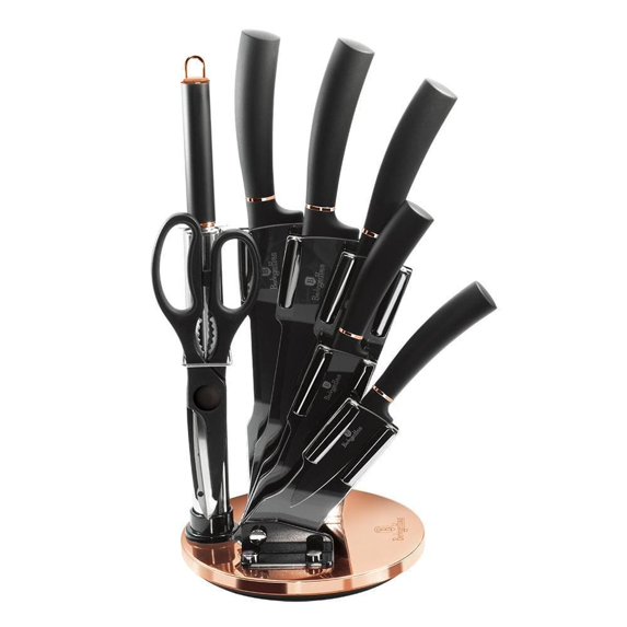 Berlinger Haus Kitchen Knife Set with Block, 8 Piece Knives Set for Kitchen, Cooking Knives with Kitchen Shears and Sharpener, Sharp Cutting Stainless Steel Chef Knife Set with Acrylic Stand, Black