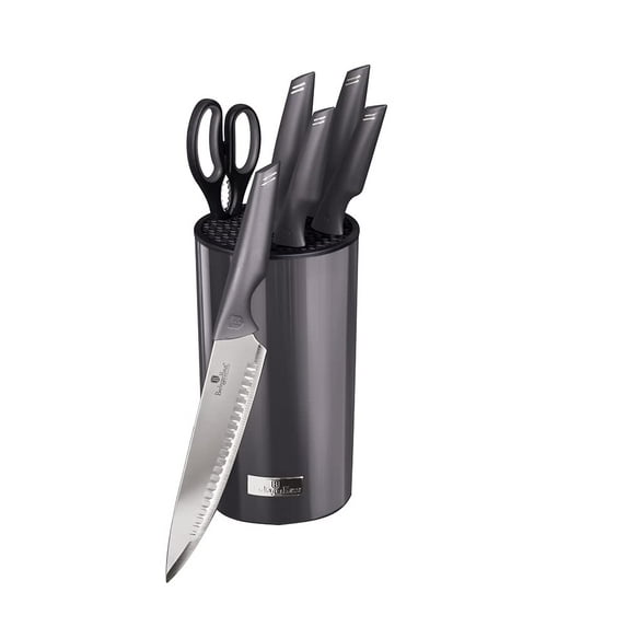 Berlinger Haus Kitchen Knife Set with Block, 7 Piece Knives Set for Kitchen, Modern Cooking Knives with Kitchen Shears, Sharp Cutting Stainless Steel Chef Knife Set with Mobile Stand, Gray
