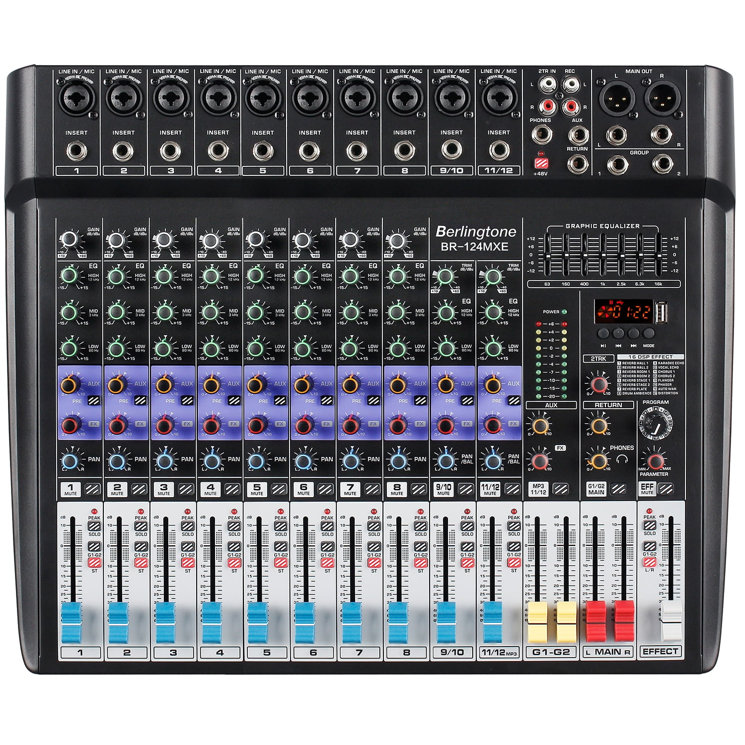 Berlingtone BR-124MX, Professional 12 - Channel Bluetooth Studio Audio Mixer - DJ Sound Controller Interface, USB Drive, RCA, 10 XLR Microphone Jack, 7 Band EQ, 16BIT Digital Multi Effect Processor