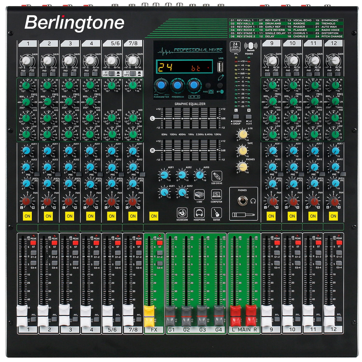 Berlingtone BR-212MX,12-Channel Professional Bluetooth Audio Mixer, PC Recording, 24 DSP Effects,48V Phantom Power,10 Microphone Jack, 2 Stereo Input Soundboard,14 band EQ, RCA Input/Output, Unpowered