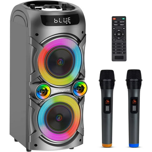 Berlingtone BR-37K Bluetooth Karaoke Machine Speaker System with 2 VHF Wireless Microphones, RGB DJ Lights, 100W Subwoofer, Remote Control, TF Card/USB MP3 Playback for Home, Indoor/Outdoor Parties