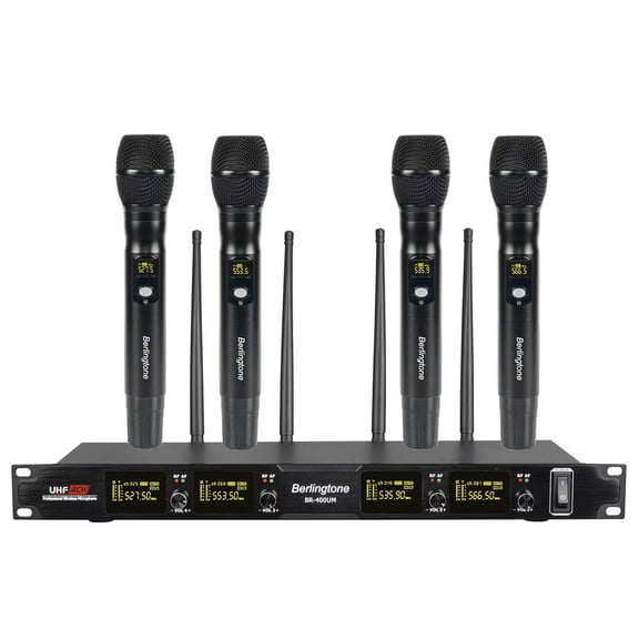 Berlingtone BR-400UM Professional 4-Channel UHF Wireless Handheld Dynamic Microphone Systems, Fixed Frequency Channel Metal Mic and receiver, Singing, Wedding, Church, DJ, karaoke, up to 260ft Range