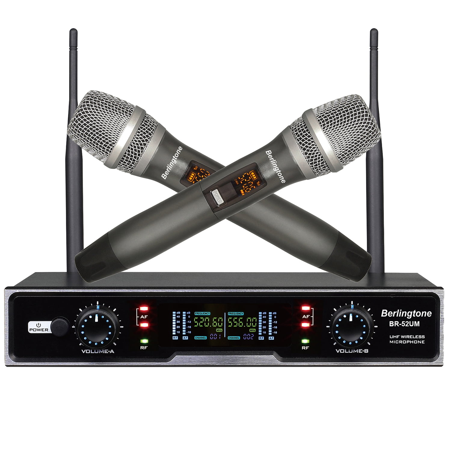 Berlingtone BR-52UM Professional Dual Dynamic Handheld UHF Wireless Microphone System, Metal Microphone and Base, for Singing, Karaoke, Church, Wedding, meeting, up to 260ft Range