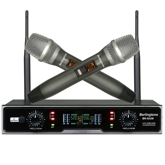 Berlingtone BR-52UM Professional Dual Dynamic Handheld UHF Wireless Microphone System, Metal Microphone and Base, for Singing, Karaoke, Church, Wedding, meeting, up to 260ft Range