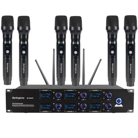 Berlingtone BR-600UM Professional 6-Channel Wireless Handheld Dynamic Microphone System, Fixed Frequency Channel, Metal Mic and Receiver, for Singing, Church, DJ, Concert, Up to 260ft Range