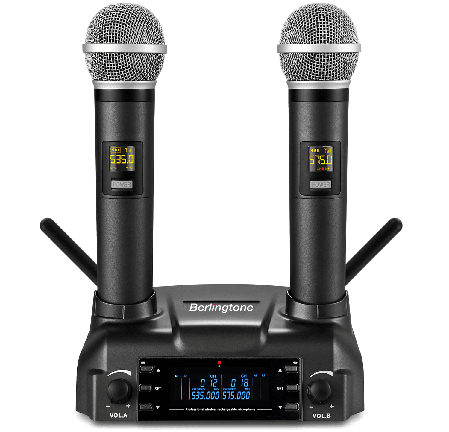 Berlingtone BR-60UM Wireless Microphone System Dual Wireless Mics, Magnetic rechargeable Charging battery, 2 Handheld Dynamic Microphones, 2x100 Adjustable UHF Channels, Auto Scan, up to 200ft Range