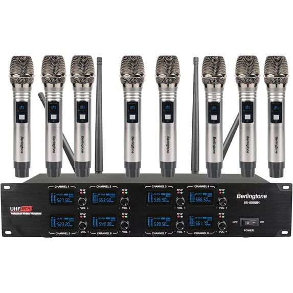 Berlingtone BR-800UM Professional 8-Channel Wireless Handheld Dynamic Microphone System, Fixed Frequency Channel, Metal Mic and Receiver, for Singing, Church, DJ, Concert, Up to 260ft Range