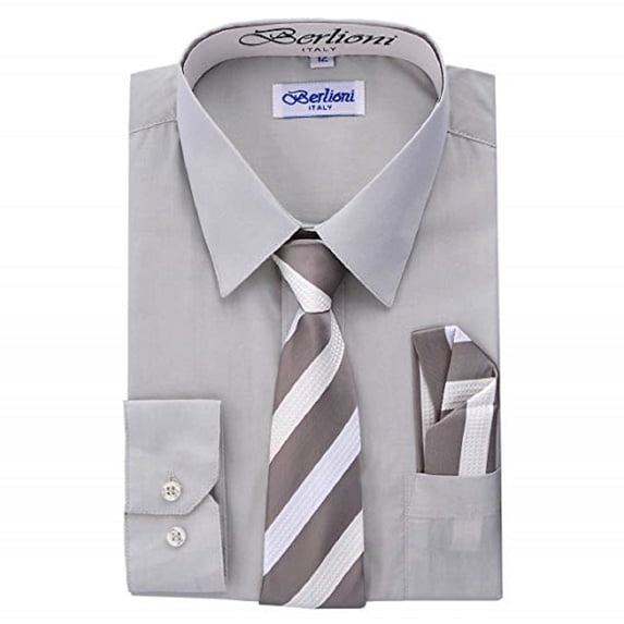 Berlioni Boy's Dress Shirt, Necktie, and Hanky Set - Many Color and Pattern combinations Silver 14
