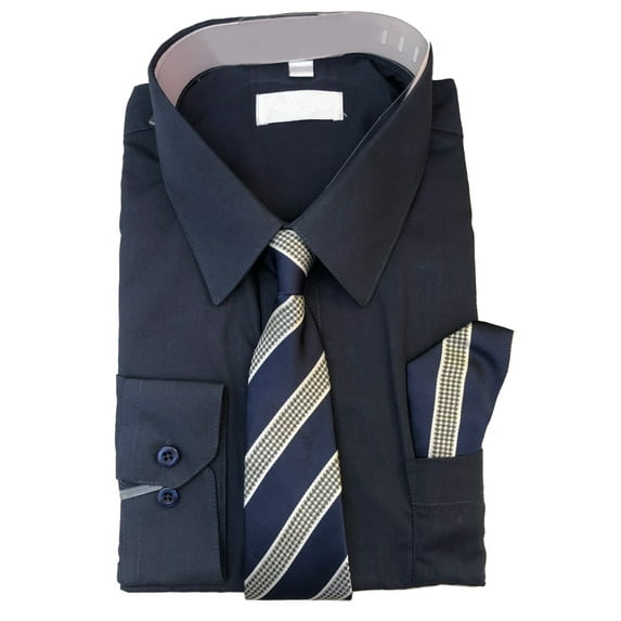 Berlioni Boys Italian Long Sleeve Dress Shirt With Tie & Hanky (16, Navy)