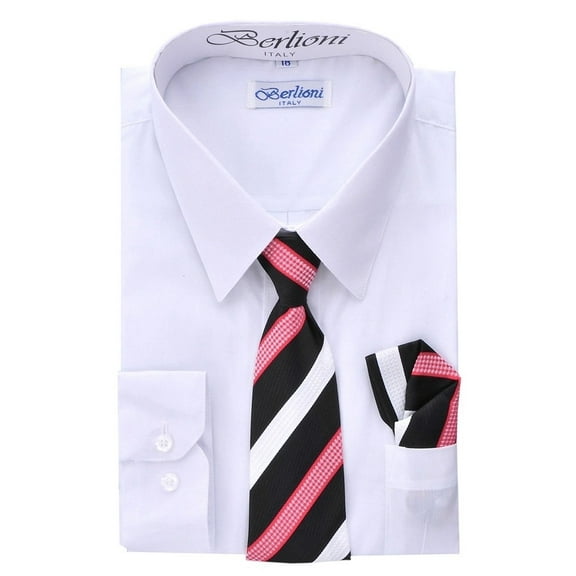 Berlioni Boys Italian Long Sleeve Dress Shirt With Tie & Hanky (White,18)