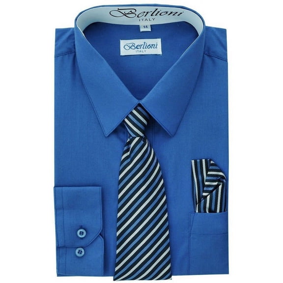 Berlioni Boys Italian Long Sleeve Dress Shirt With Tie & Hanky