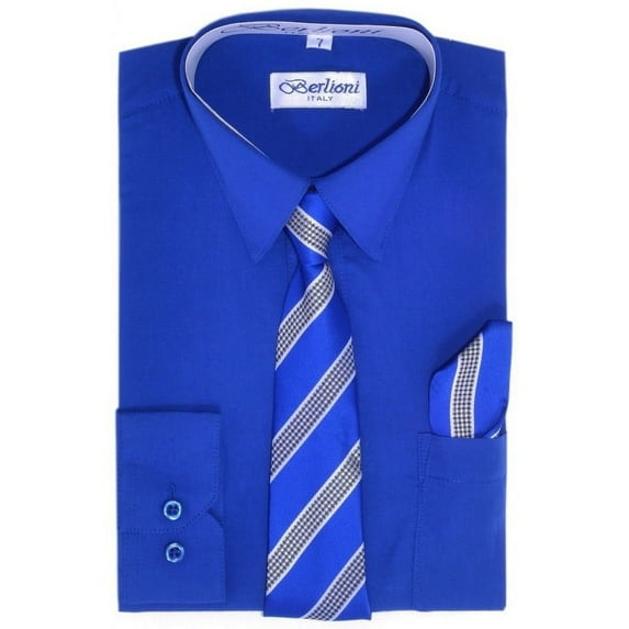 Berlioni Boys Italian Long Sleeve Dress Shirt With Tie & Hanky
