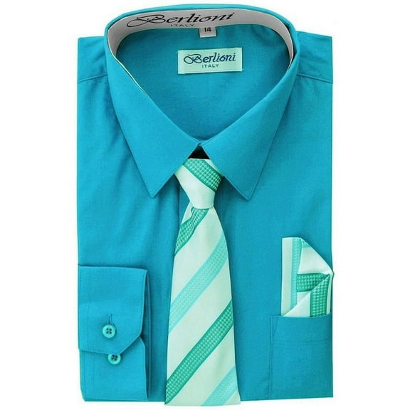Berlioni Boys Italian Long Sleeve Dress Shirt With Tie & Hanky