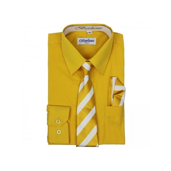 Berlioni Boys Italian Long Sleeve Dress Shirt With Tie & Hanky
