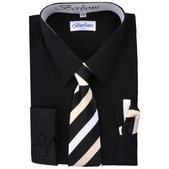 Berlioni Boys Italian Long Sleeve Dress Shirt With Tie & Hanky