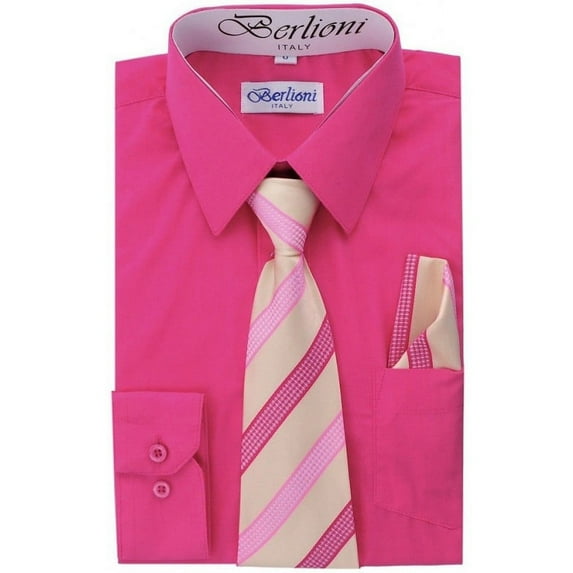 Berlioni Boys Italian Long Sleeve Dress Shirt With Tie & Hanky
