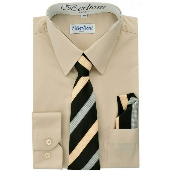 Berlioni Boys Italian Long Sleeve Dress Shirt With Tie & Hanky