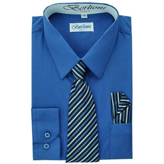 Berlioni Boys Italian Long Sleeve Dress Shirt With Tie & Hanky