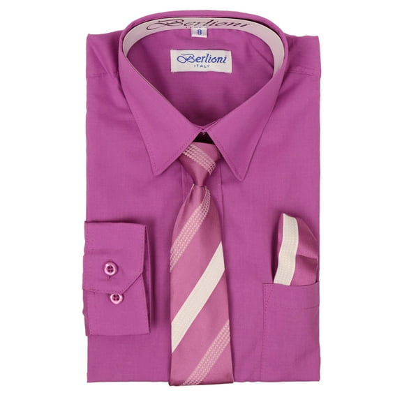 Berlioni Italy Boys Toddlers Long Sleeve Dress Shirt With Tie & Hanky
