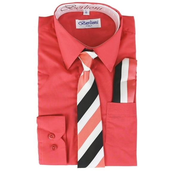 Berlioni Italy Boys Toddlers Long Sleeve Dress Shirt With Tie & Hanky