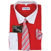 Berlioni Italy Kids Boys Italian Long Sleeve Uniform Formal Wedding Dress Button Shirt With Tie & Hanky Pink