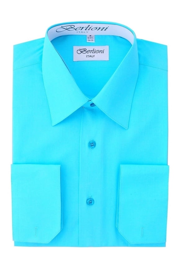 Italy Men's Convertible Cuff Solid Dress Shirt Aqua