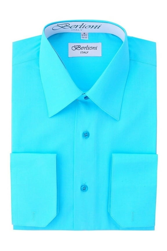 Italy Men's Convertible Cuff Solid Dress Shirt Aqua
