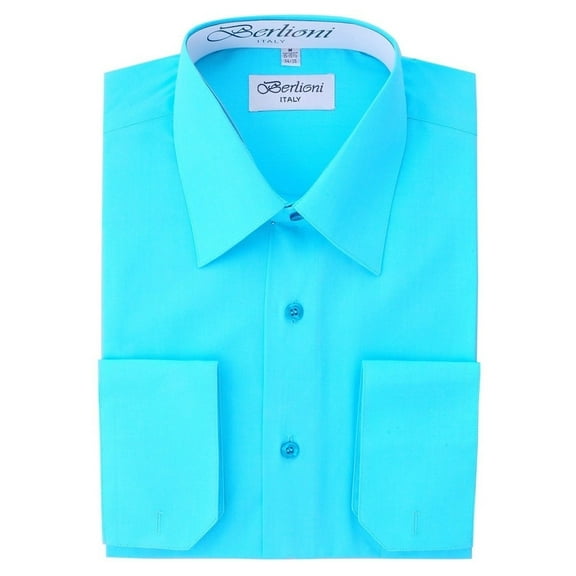 Berlioni Italy Men's Convertible Cuff Solid Dress Shirt Aqua