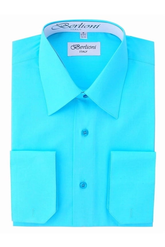 Italy Men's Convertible Cuff Solid Dress Shirt Aqua