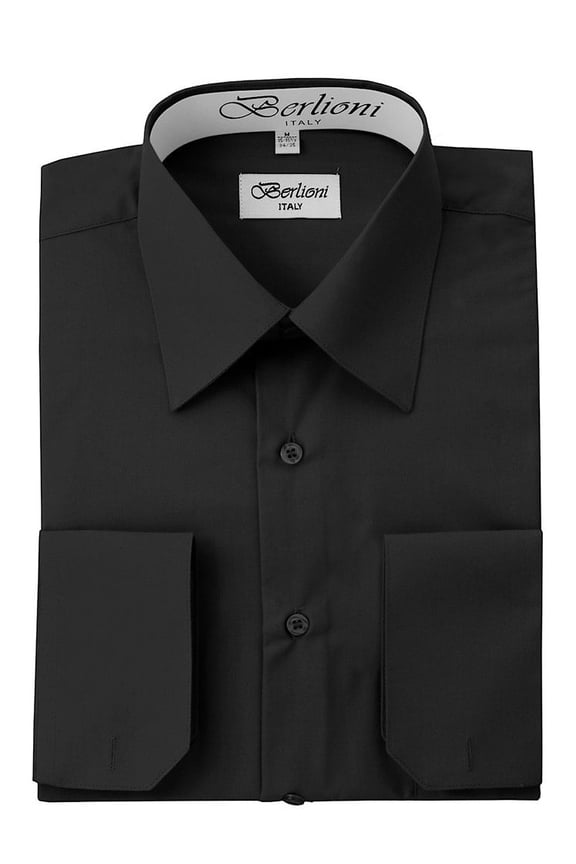 Italy Men's Convertible Cuff Solid Dress Shirt Black